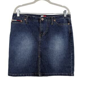 Y2K Vintage Tommy Jeans Denim Mini Skirt Size 13 Medium Wash Embroidered Pockets